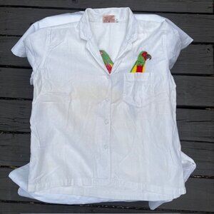 Vintage Parrot embroidered white button down woman's top Size XS